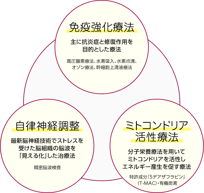 【新型コロナ感染症後遺症の治療方法】「免疫強化療法」主に抗炎症と修復作用を目的とした療法。高圧酸素療法、水素吸入、水素点滴、オゾン療法、幹細胞上清液療法。「自律神経調整」最新脳神経技術でストレスを受けた脳組織の脳波を「見える化」した治療法。精密脳波検査<!-- 、バイオフィードバック、ニューロフィードバック -->。「ミトコンドリア活性療法」分子栄養療法を用いて、ミトコンドリアを活性しエネルギー産生を促す療法。特許成分「5デアザフラビン」（T-MAC）・有機炭素。